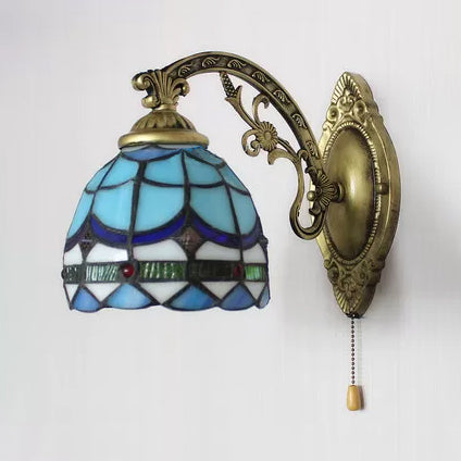 Baroque Bowl Wall Light Fixture 1 Light Blue Glass Mini Sconce Lighting in Antique Brass Blue With Switch Clearhalo 'Industrial' 'Middle century wall lights' 'Tiffany wall lights' 'Tiffany' 'Wall Lamps & Sconces' 'Wall Lights' Lighting' 7228