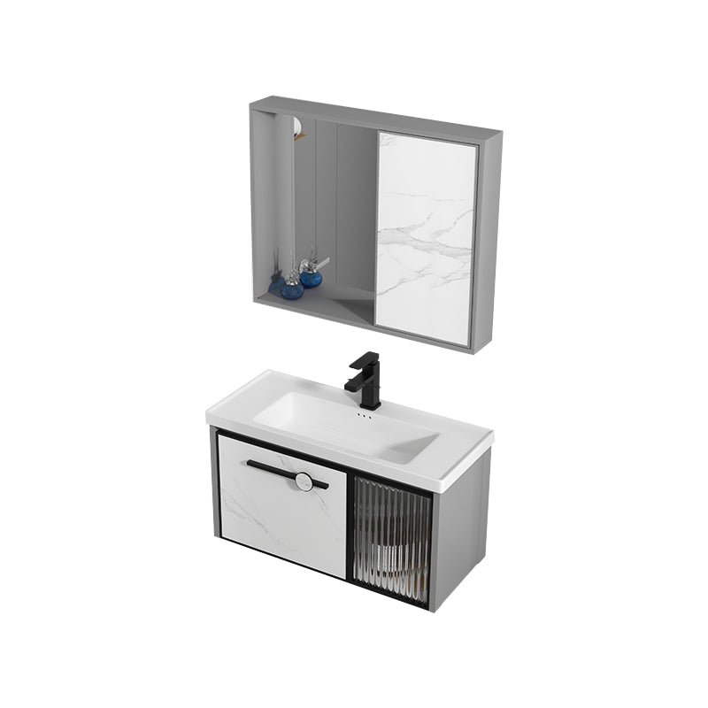 Single Sink Ceramic Bathroom Vanity Modern Gray Rectangular Sink Vanity Vanity & Faucet & Mirror Cabinet 27.6"L x 18.5"W x 17.7"H Clearhalo 'Bathroom Remodel & Bathroom Fixtures' 'Bathroom Vanities' 'bathroom_vanities' 'Home Improvement' 'home_improvement' 'home_improvement_bathroom_vanities' 7230498