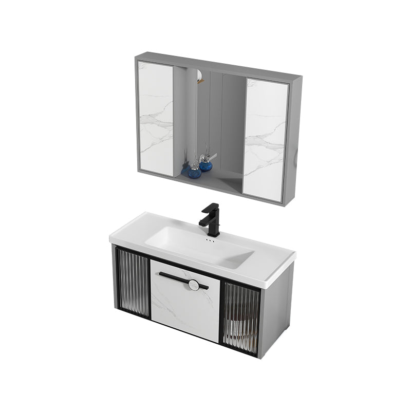 Single Sink Ceramic Bathroom Vanity Modern Gray Rectangular Sink Vanity Vanity & Faucet & Mirror Cabinet 35.4"L x 18.5"W x 17.7"H Clearhalo 'Bathroom Remodel & Bathroom Fixtures' 'Bathroom Vanities' 'bathroom_vanities' 'Home Improvement' 'home_improvement' 'home_improvement_bathroom_vanities' 7230506