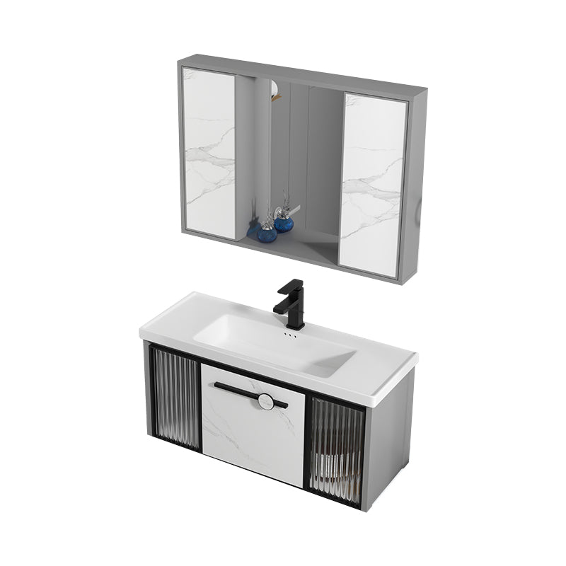 Single Sink Ceramic Bathroom Vanity Modern Gray Rectangular Sink Vanity Vanity & Faucet & Mirror Cabinet 39.4"L x 18.5"W x 17.7"H Clearhalo 'Bathroom Remodel & Bathroom Fixtures' 'Bathroom Vanities' 'bathroom_vanities' 'Home Improvement' 'home_improvement' 'home_improvement_bathroom_vanities' 7230508