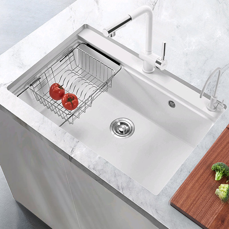 Quartz Kitchen Sink Modern Single Bowl Kitchen Sink with Strainer White Sink with Faucet Seven Character Pumping Double Tap for Water Purification Clearhalo 'Home Improvement' 'home_improvement' 'home_improvement_kitchen_sinks' 'Kitchen Remodel & Kitchen Fixtures' 'Kitchen Sinks & Faucet Components' 'Kitchen Sinks' 'kitchen_sinks' 7231159