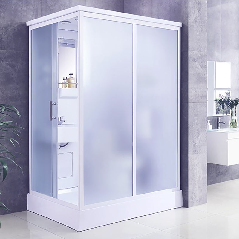 White Framed Frosted Rectangle Shower Stall with Base and Fixed Panel Clearhalo 'Bathroom Remodel & Bathroom Fixtures' 'Home Improvement' 'home_improvement' 'home_improvement_shower_stalls_enclosures' 'Shower Stalls & Enclosures' 'shower_stalls_enclosures' 'Showers & Bathtubs' 7231497