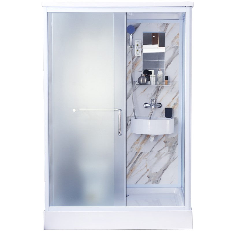 White Framed Frosted Rectangle Shower Stall with Base and Fixed Panel Clearhalo 'Bathroom Remodel & Bathroom Fixtures' 'Home Improvement' 'home_improvement' 'home_improvement_shower_stalls_enclosures' 'Shower Stalls & Enclosures' 'shower_stalls_enclosures' 'Showers & Bathtubs' 7231499