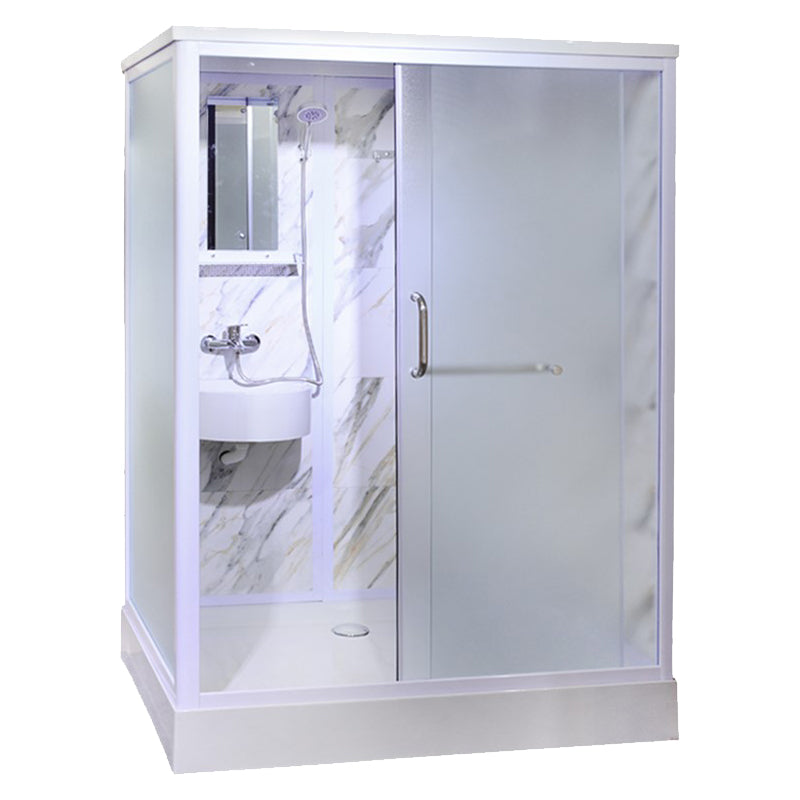 White Framed Frosted Rectangle Shower Stall with Base and Fixed Panel Gray-White 59"L x 39"W x 85"H Toilet Not Included Clearhalo 'Bathroom Remodel & Bathroom Fixtures' 'Home Improvement' 'home_improvement' 'home_improvement_shower_stalls_enclosures' 'Shower Stalls & Enclosures' 'shower_stalls_enclosures' 'Showers & Bathtubs' 7231511