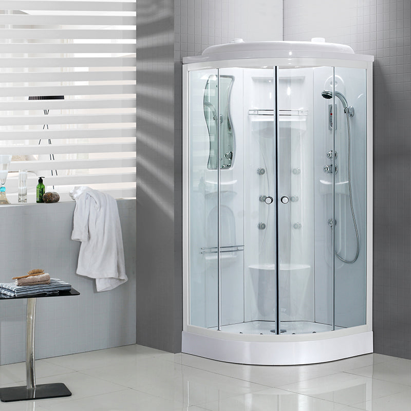 Neo-Round Shower Stall White Tempered Glass Shower Stall with Door Handles 39"L x 39"W x 86"H Low Basin Clearhalo 'Bathroom Remodel & Bathroom Fixtures' 'Home Improvement' 'home_improvement' 'home_improvement_shower_stalls_enclosures' 'Shower Stalls & Enclosures' 'shower_stalls_enclosures' 'Showers & Bathtubs' 7231527