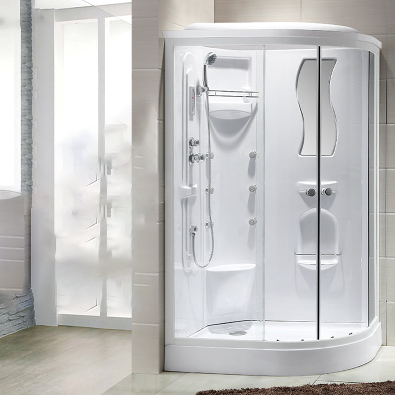 Neo-Round Shower Stall White Tempered Glass Shower Stall with Door Handles 47"L x 35"W x 86"H Left & Low Basin Clearhalo 'Bathroom Remodel & Bathroom Fixtures' 'Home Improvement' 'home_improvement' 'home_improvement_shower_stalls_enclosures' 'Shower Stalls & Enclosures' 'shower_stalls_enclosures' 'Showers & Bathtubs' 7231535