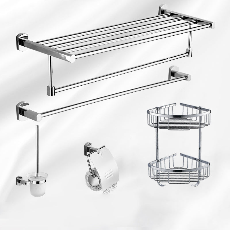 Modern Bath Hardware Set Stainless Steel Bath Shelf Towel Bar Bathroom Accessory Kit 5-Piece Set (Toilet Brush) Clearhalo 'Bathroom Hardware Sets' 'Bathroom Hardware' 'Bathroom Remodel & Bathroom Fixtures' 'bathroom_hardware_sets' 'Home Improvement' 'home_improvement' 'home_improvement_bathroom_hardware_sets' 7232255