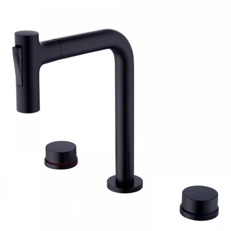 Widespread Bathroom Faucet Swivel Spout High-Arc with Pull Out Sprayer Black Short 2 Handles Clearhalo 'Bathroom Remodel & Bathroom Fixtures' 'Bathroom Sink Faucets' 'Bathroom Sinks & Faucet Components' 'bathroom_sink_faucets' 'Home Improvement' 'home_improvement' 'home_improvement_bathroom_sink_faucets' 7233557