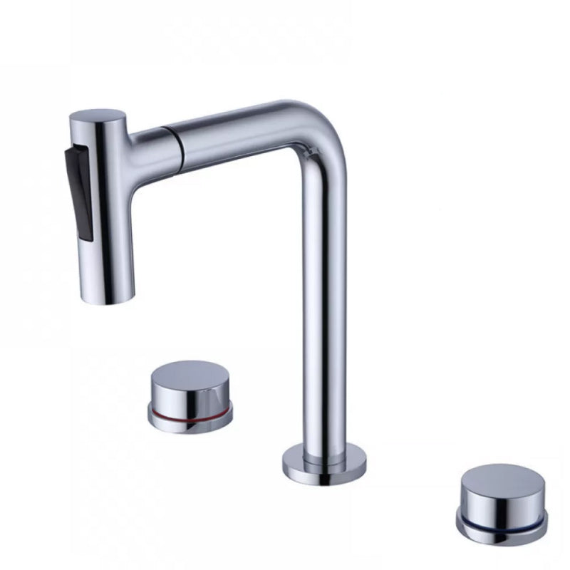 Widespread Bathroom Faucet Swivel Spout High-Arc with Pull Out Sprayer Silver Short 2 Handles Clearhalo 'Bathroom Remodel & Bathroom Fixtures' 'Bathroom Sink Faucets' 'Bathroom Sinks & Faucet Components' 'bathroom_sink_faucets' 'Home Improvement' 'home_improvement' 'home_improvement_bathroom_sink_faucets' 7233559