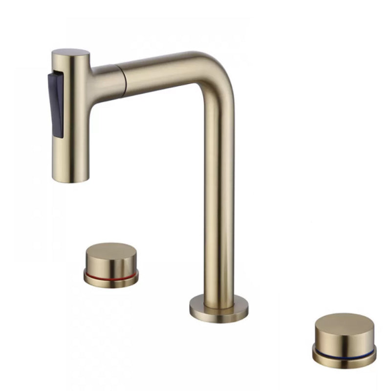 Widespread Bathroom Faucet Swivel Spout High-Arc with Pull Out Sprayer Gold Short 2 Handles Clearhalo 'Bathroom Remodel & Bathroom Fixtures' 'Bathroom Sink Faucets' 'Bathroom Sinks & Faucet Components' 'bathroom_sink_faucets' 'Home Improvement' 'home_improvement' 'home_improvement_bathroom_sink_faucets' 7233560