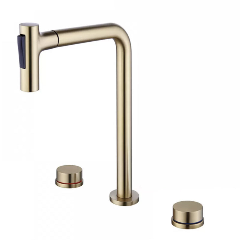 Widespread Bathroom Faucet Swivel Spout High-Arc with Pull Out Sprayer Gold Tall 2 Handles Clearhalo 'Bathroom Remodel & Bathroom Fixtures' 'Bathroom Sink Faucets' 'Bathroom Sinks & Faucet Components' 'bathroom_sink_faucets' 'Home Improvement' 'home_improvement' 'home_improvement_bathroom_sink_faucets' 7233568
