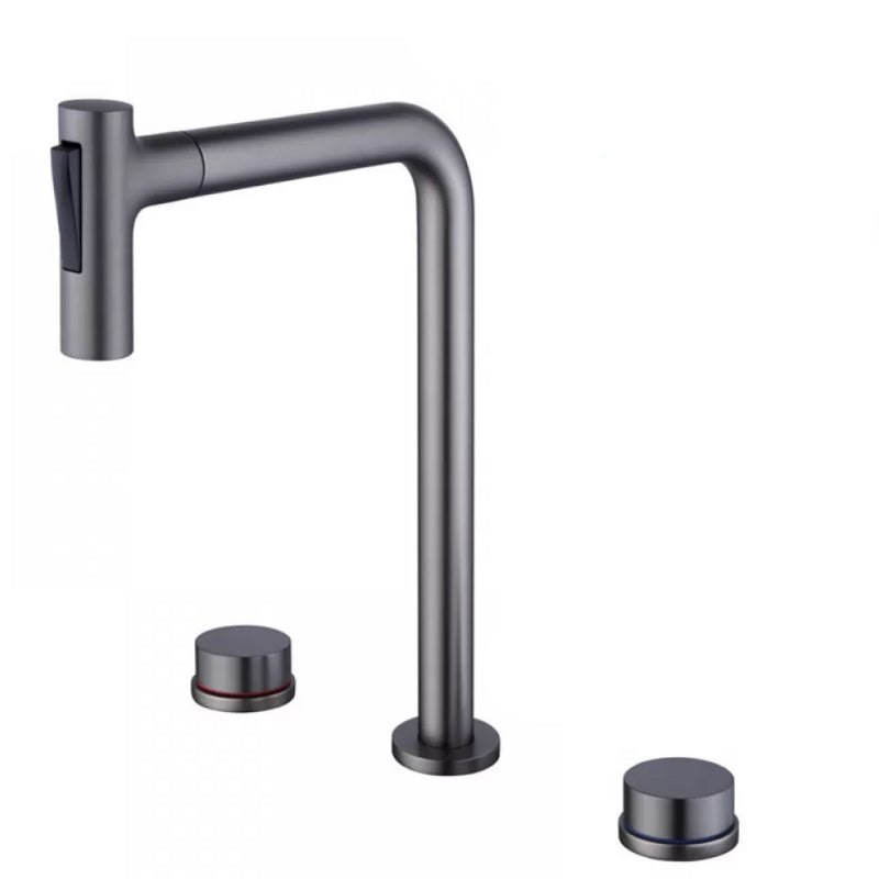Widespread Bathroom Faucet Swivel Spout High-Arc with Pull Out Sprayer Gun Grey Tall 2 Handles Clearhalo 'Bathroom Remodel & Bathroom Fixtures' 'Bathroom Sink Faucets' 'Bathroom Sinks & Faucet Components' 'bathroom_sink_faucets' 'Home Improvement' 'home_improvement' 'home_improvement_bathroom_sink_faucets' 7233569