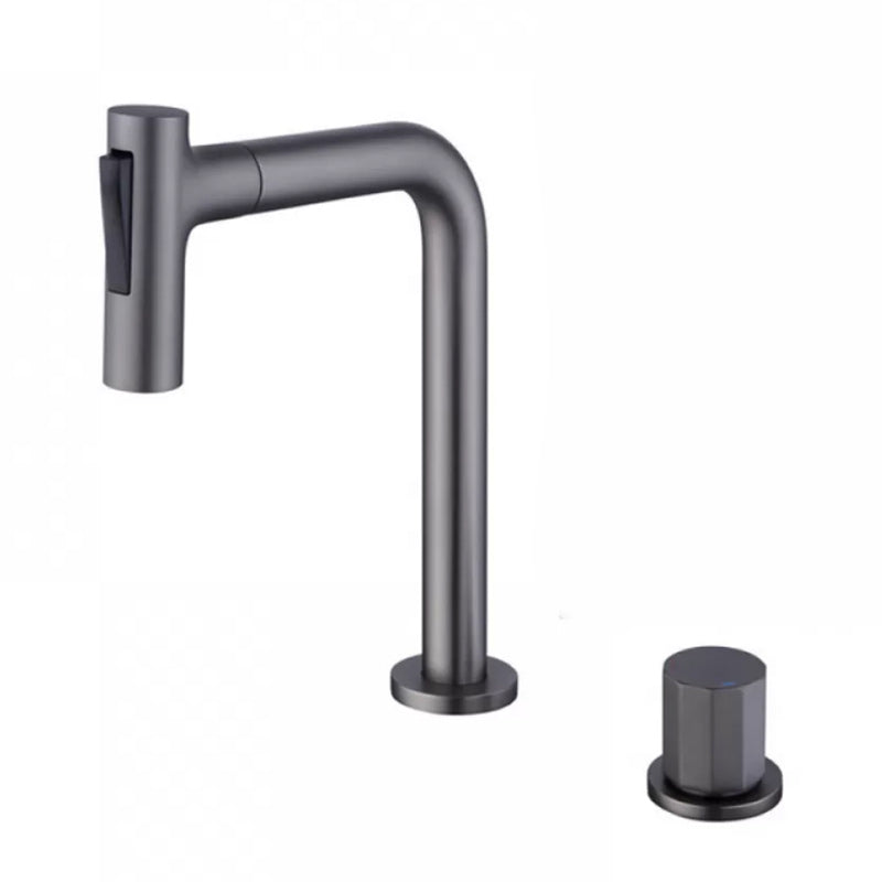 Widespread Bathroom Faucet Swivel Spout High-Arc with Pull Out Sprayer Gun Grey Short 1 Handle Clearhalo 'Bathroom Remodel & Bathroom Fixtures' 'Bathroom Sink Faucets' 'Bathroom Sinks & Faucet Components' 'bathroom_sink_faucets' 'Home Improvement' 'home_improvement' 'home_improvement_bathroom_sink_faucets' 7233575