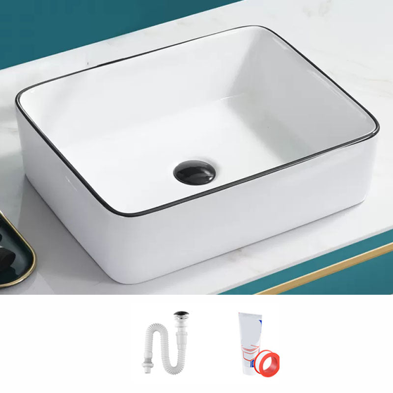 Bathroom Sink Ceramic Black Edging Anti-spill Rectangular Rod Single Handle Faucet Sink 16.1"L x 11.8"W x 5.1"H Sink Clearhalo 'Bathroom Remodel & Bathroom Fixtures' 'Bathroom Sinks & Faucet Components' 'Bathroom Sinks' 'bathroom_sink' 'Home Improvement' 'home_improvement' 'home_improvement_bathroom_sink' 7233603