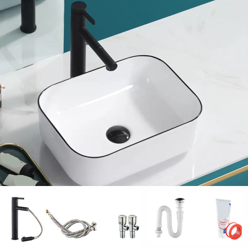Bathroom Sink Ceramic Black Edging Anti-spill Rectangular Rod Single Handle Faucet Sink 16"L x 12"W x 6"H Sink with Faucet Clearhalo 'Bathroom Remodel & Bathroom Fixtures' 'Bathroom Sinks & Faucet Components' 'Bathroom Sinks' 'bathroom_sink' 'Home Improvement' 'home_improvement' 'home_improvement_bathroom_sink' 7233615