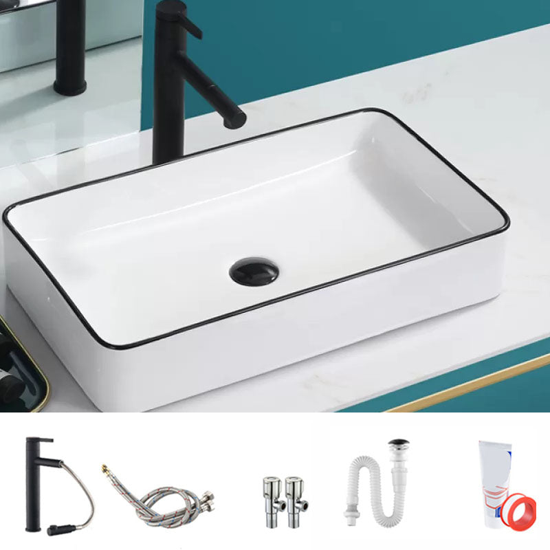 Bathroom Sink Ceramic Black Edging Anti-spill Rectangular Rod Single Handle Faucet Sink 24"L x 14"W x 4"H Sink with Faucet Clearhalo 'Bathroom Remodel & Bathroom Fixtures' 'Bathroom Sinks & Faucet Components' 'Bathroom Sinks' 'bathroom_sink' 'Home Improvement' 'home_improvement' 'home_improvement_bathroom_sink' 7233616