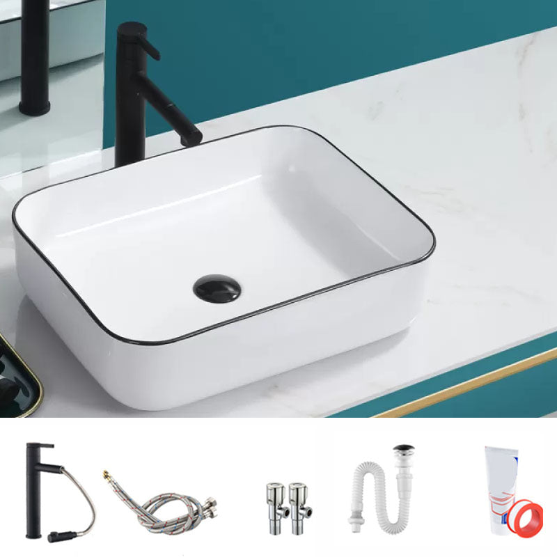 Bathroom Sink Ceramic Black Edging Anti-spill Rectangular Rod Single Handle Faucet Sink 20"L x 15"W x 6"H Sink with Faucet Clearhalo 'Bathroom Remodel & Bathroom Fixtures' 'Bathroom Sinks & Faucet Components' 'Bathroom Sinks' 'bathroom_sink' 'Home Improvement' 'home_improvement' 'home_improvement_bathroom_sink' 7233617