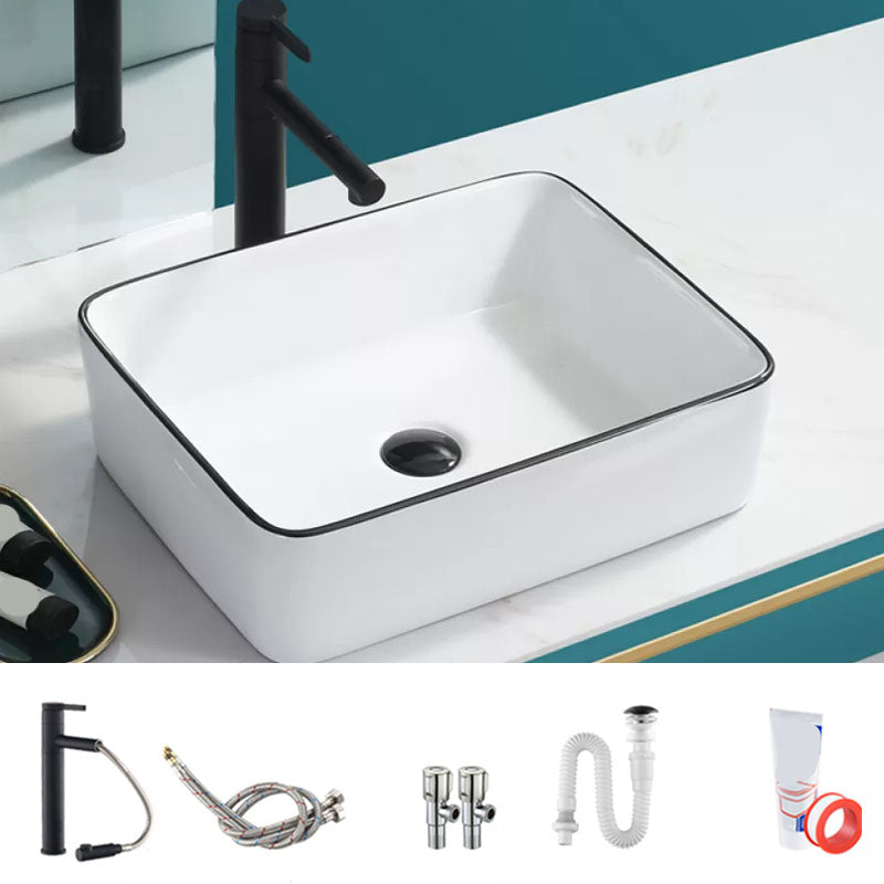 Bathroom Sink Ceramic Black Edging Anti-spill Rectangular Rod Single Handle Faucet Sink 16.1"L x 11.8"W x 5.1"H Sink with Faucet Clearhalo 'Bathroom Remodel & Bathroom Fixtures' 'Bathroom Sinks & Faucet Components' 'Bathroom Sinks' 'bathroom_sink' 'Home Improvement' 'home_improvement' 'home_improvement_bathroom_sink' 7233618