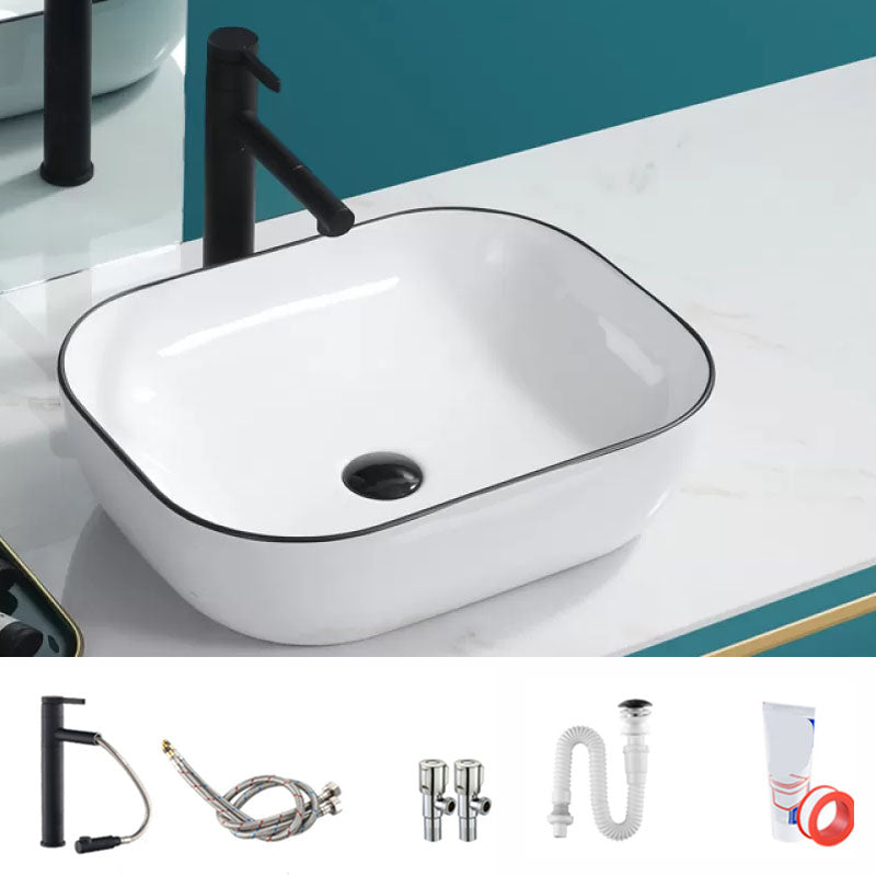 Bathroom Sink Ceramic Black Edging Anti-spill Rectangular Rod Single Handle Faucet Sink 18.1"L x 12.6"W x 5.3"H Sink with Faucet Clearhalo 'Bathroom Remodel & Bathroom Fixtures' 'Bathroom Sinks & Faucet Components' 'Bathroom Sinks' 'bathroom_sink' 'Home Improvement' 'home_improvement' 'home_improvement_bathroom_sink' 7233619