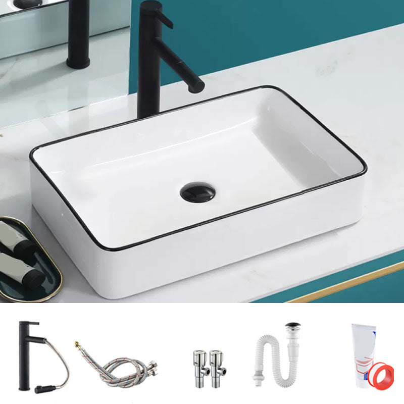 Bathroom Sink Ceramic Black Edging Anti-spill Rectangular Rod Single Handle Faucet Sink 20"L x 14"W x 4"H Sink with Faucet Clearhalo 'Bathroom Remodel & Bathroom Fixtures' 'Bathroom Sinks & Faucet Components' 'Bathroom Sinks' 'bathroom_sink' 'Home Improvement' 'home_improvement' 'home_improvement_bathroom_sink' 7233620