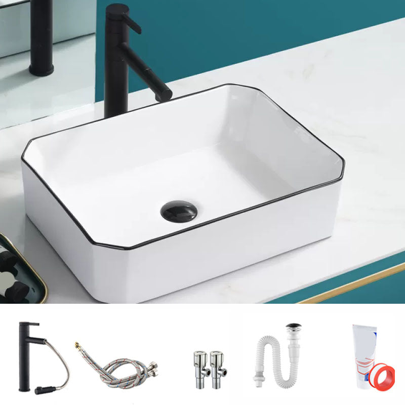 Bathroom Sink Ceramic Black Edging Anti-spill Rectangular Rod Single Handle Faucet Sink 20"L x 15"W x 5"H Sink with Faucet Clearhalo 'Bathroom Remodel & Bathroom Fixtures' 'Bathroom Sinks & Faucet Components' 'Bathroom Sinks' 'bathroom_sink' 'Home Improvement' 'home_improvement' 'home_improvement_bathroom_sink' 7233621