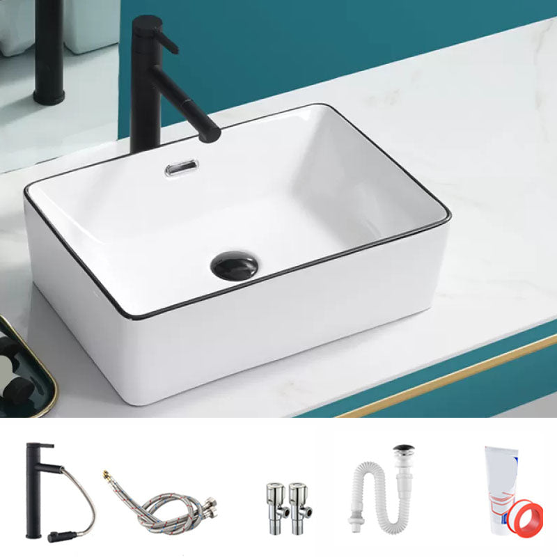 Bathroom Sink Ceramic Black Edging Anti-spill Rectangular Rod Single Handle Faucet Sink 17"L x 12"W x 6"H Sink with Faucet Clearhalo 'Bathroom Remodel & Bathroom Fixtures' 'Bathroom Sinks & Faucet Components' 'Bathroom Sinks' 'bathroom_sink' 'Home Improvement' 'home_improvement' 'home_improvement_bathroom_sink' 7233622