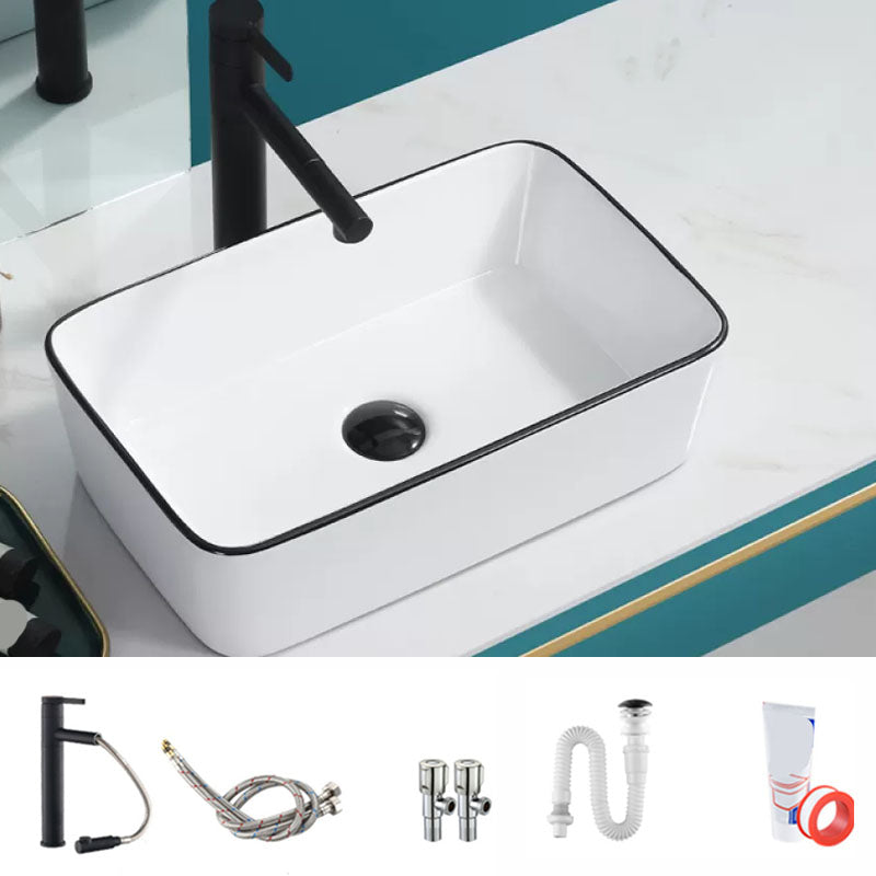 Bathroom Sink Ceramic Black Edging Anti-spill Rectangular Rod Single Handle Faucet Sink 19"L x 12"W x 5"H Sink with Faucet Clearhalo 'Bathroom Remodel & Bathroom Fixtures' 'Bathroom Sinks & Faucet Components' 'Bathroom Sinks' 'bathroom_sink' 'Home Improvement' 'home_improvement' 'home_improvement_bathroom_sink' 7233623