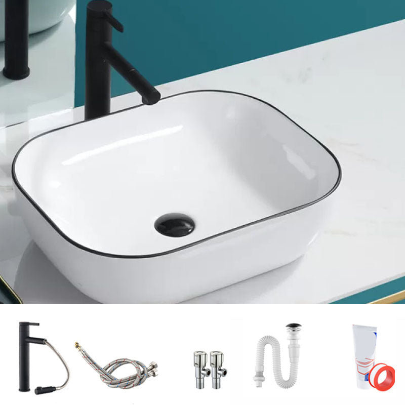 Bathroom Sink Ceramic Black Edging Anti-spill Rectangular Rod Single Handle Faucet Sink 19.7"L x 15.7"W x 5.7"H Sink with Faucet Clearhalo 'Bathroom Remodel & Bathroom Fixtures' 'Bathroom Sinks & Faucet Components' 'Bathroom Sinks' 'bathroom_sink' 'Home Improvement' 'home_improvement' 'home_improvement_bathroom_sink' 7233624