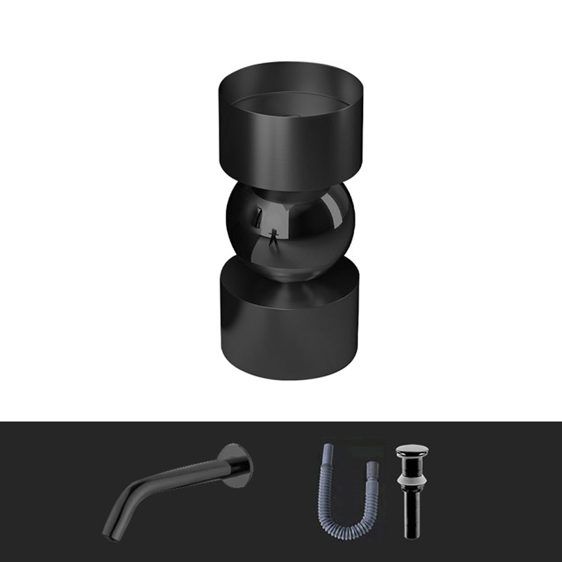 Contemporary Bathroom Sink with Pop-Up Drain Metal Round Pedestal Bathroom Sink Black Wall Mounted Faucet Sink with Faucet Clearhalo 'Bathroom Remodel & Bathroom Fixtures' 'Bathroom Sinks & Faucet Components' 'Bathroom Sinks' 'bathroom_sink' 'Home Improvement' 'home_improvement' 'home_improvement_bathroom_sink' 7233661