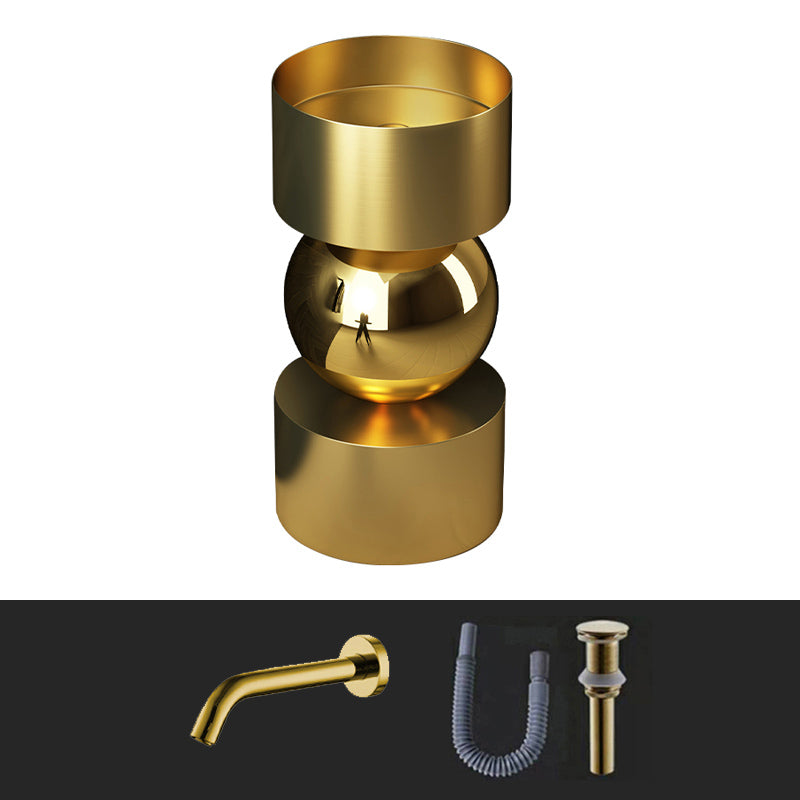 Contemporary Bathroom Sink with Pop-Up Drain Metal Round Pedestal Bathroom Sink Gold Wall Mounted Faucet Sink with Faucet Clearhalo 'Bathroom Remodel & Bathroom Fixtures' 'Bathroom Sinks & Faucet Components' 'Bathroom Sinks' 'bathroom_sink' 'Home Improvement' 'home_improvement' 'home_improvement_bathroom_sink' 7233665