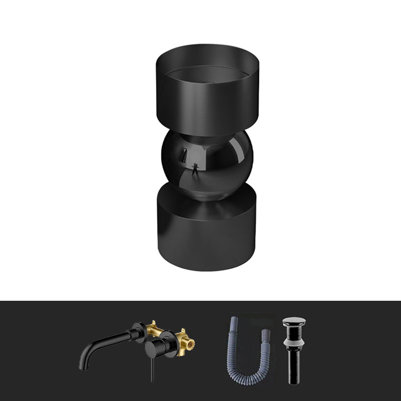 Contemporary Bathroom Sink with Pop-Up Drain Metal Round Pedestal Bathroom Sink Black Dual Hole Wall-Mounted Faucet Sink with Faucet Clearhalo 'Bathroom Remodel & Bathroom Fixtures' 'Bathroom Sinks & Faucet Components' 'Bathroom Sinks' 'bathroom_sink' 'Home Improvement' 'home_improvement' 'home_improvement_bathroom_sink' 7233671