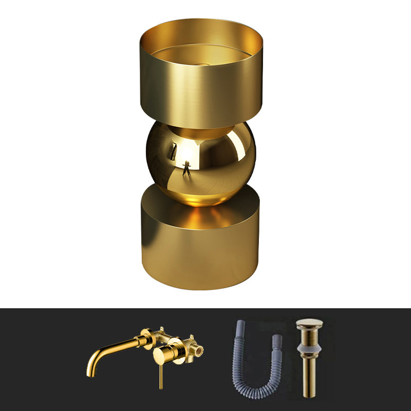 Contemporary Bathroom Sink with Pop-Up Drain Metal Round Pedestal Bathroom Sink Gold Dual Hole Wall-Mounted Faucet Sink with Faucet Clearhalo 'Bathroom Remodel & Bathroom Fixtures' 'Bathroom Sinks & Faucet Components' 'Bathroom Sinks' 'bathroom_sink' 'Home Improvement' 'home_improvement' 'home_improvement_bathroom_sink' 7233672