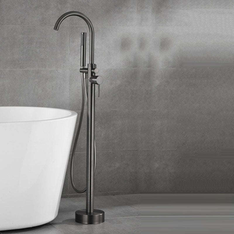 Contemporary Brass Freestanding Bathtub Faucet with 1-Handle Bathtub Faucet Gun Grey Ground Hand Shower Included Clearhalo 'Bathroom Remodel & Bathroom Fixtures' 'Bathtub Faucets' 'bathtub_faucets' 'Home Improvement' 'home_improvement' 'home_improvement_bathtub_faucets' 7233751