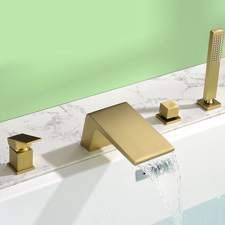 Brass Roman Bathtub Faucet Waterfall Spout Tub Faucet with Hand Shower Clearhalo 'Bathroom Remodel & Bathroom Fixtures' 'Bathtub Faucets' 'bathtub_faucets' 'Home Improvement' 'home_improvement' 'home_improvement_bathtub_faucets' 7233756