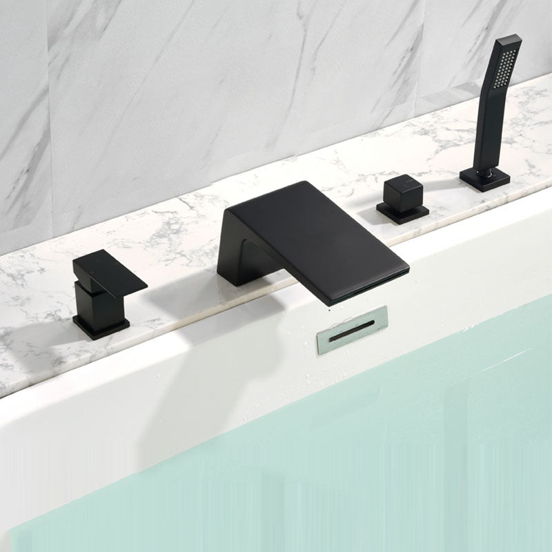 Brass Roman Bathtub Faucet Waterfall Spout Tub Faucet with Hand Shower Black Right Angle Clearhalo 'Bathroom Remodel & Bathroom Fixtures' 'Bathtub Faucets' 'bathtub_faucets' 'Home Improvement' 'home_improvement' 'home_improvement_bathtub_faucets' 7233761