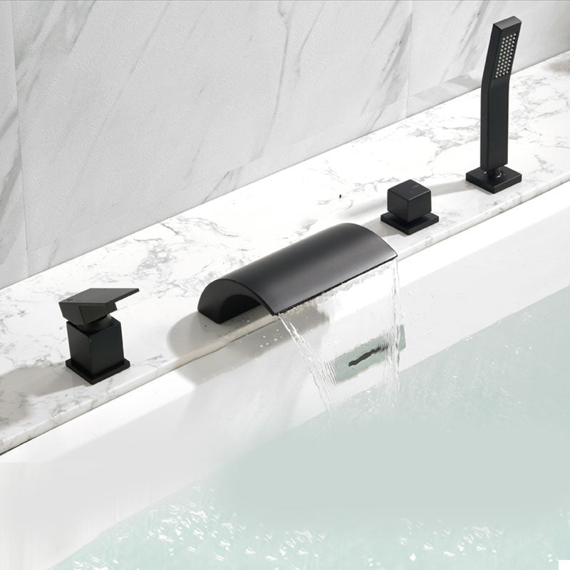 Brass Roman Bathtub Faucet Waterfall Spout Tub Faucet with Hand Shower Black Low Arc Clearhalo 'Bathroom Remodel & Bathroom Fixtures' 'Bathtub Faucets' 'bathtub_faucets' 'Home Improvement' 'home_improvement' 'home_improvement_bathtub_faucets' 7233762