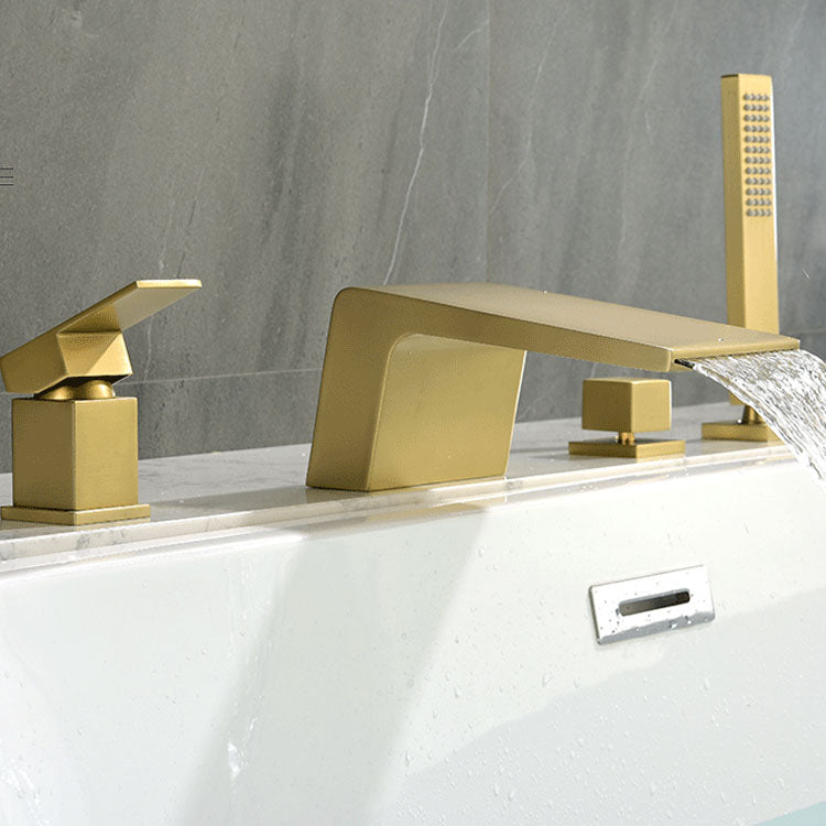 Brass Roman Bathtub Faucet Waterfall Spout Tub Faucet with Hand Shower Clearhalo 'Bathroom Remodel & Bathroom Fixtures' 'Bathtub Faucets' 'bathtub_faucets' 'Home Improvement' 'home_improvement' 'home_improvement_bathtub_faucets' 7233763
