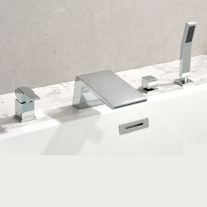 Brass Roman Bathtub Faucet Waterfall Spout Tub Faucet with Hand Shower Chrome Right Angle Clearhalo 'Bathroom Remodel & Bathroom Fixtures' 'Bathtub Faucets' 'bathtub_faucets' 'Home Improvement' 'home_improvement' 'home_improvement_bathtub_faucets' 7233768