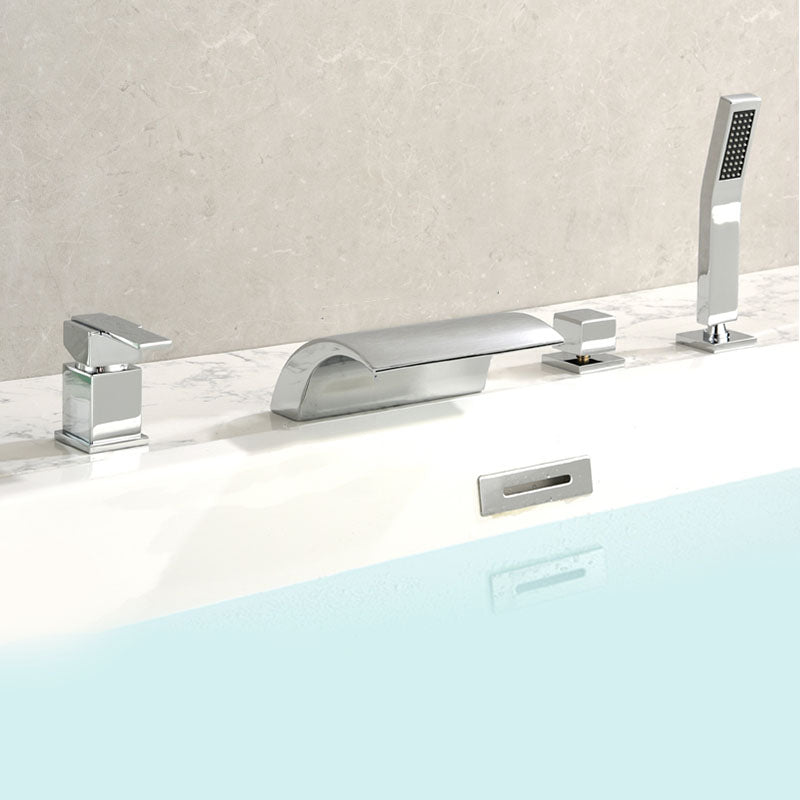 Brass Roman Bathtub Faucet Waterfall Spout Tub Faucet with Hand Shower Chrome Low Arc Clearhalo 'Bathroom Remodel & Bathroom Fixtures' 'Bathtub Faucets' 'bathtub_faucets' 'Home Improvement' 'home_improvement' 'home_improvement_bathtub_faucets' 7233771