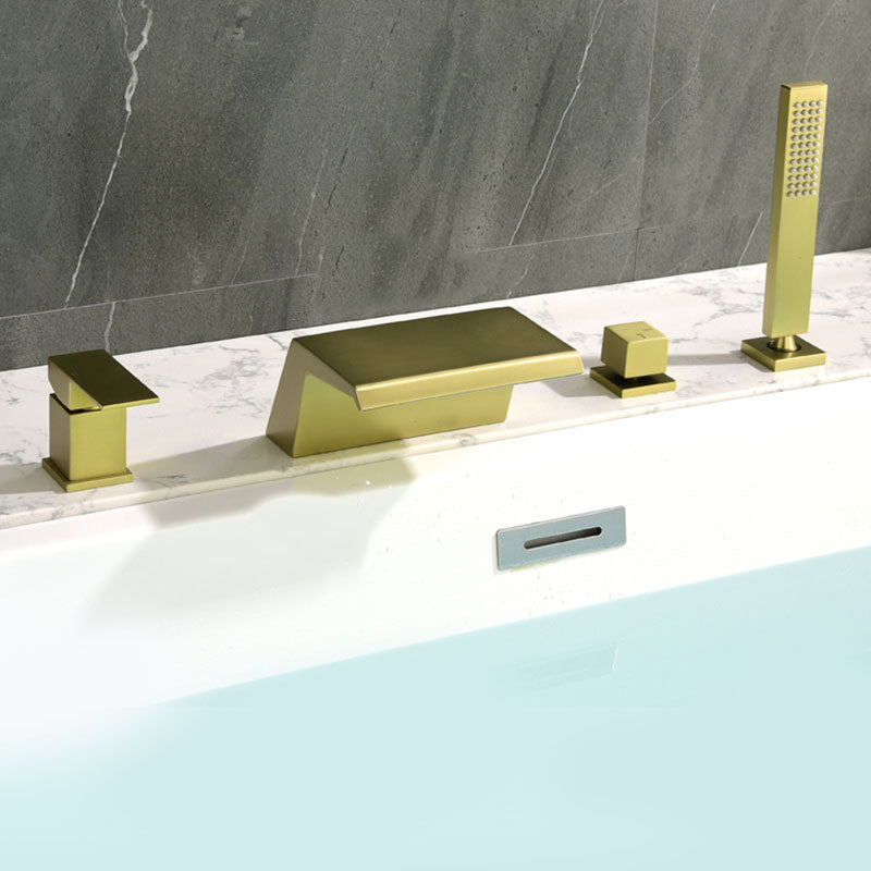 Brass Roman Bathtub Faucet Waterfall Spout Tub Faucet with Hand Shower Gold V Shape Clearhalo 'Bathroom Remodel & Bathroom Fixtures' 'Bathtub Faucets' 'bathtub_faucets' 'Home Improvement' 'home_improvement' 'home_improvement_bathtub_faucets' 7233773