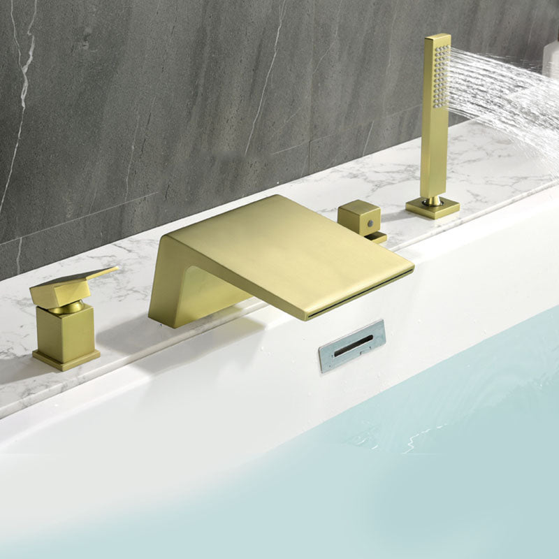 Brass Roman Bathtub Faucet Waterfall Spout Tub Faucet with Hand Shower Gold 7 Shape Clearhalo 'Bathroom Remodel & Bathroom Fixtures' 'Bathtub Faucets' 'bathtub_faucets' 'Home Improvement' 'home_improvement' 'home_improvement_bathtub_faucets' 7233774