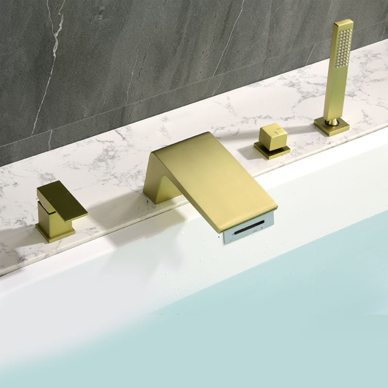 Brass Roman Bathtub Faucet Waterfall Spout Tub Faucet with Hand Shower Gold Right Angle Clearhalo 'Bathroom Remodel & Bathroom Fixtures' 'Bathtub Faucets' 'bathtub_faucets' 'Home Improvement' 'home_improvement' 'home_improvement_bathtub_faucets' 7233775