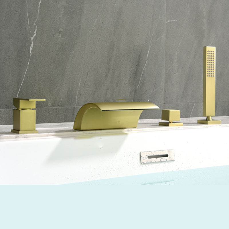 Brass Roman Bathtub Faucet Waterfall Spout Tub Faucet with Hand Shower Gold Low Arc Clearhalo 'Bathroom Remodel & Bathroom Fixtures' 'Bathtub Faucets' 'bathtub_faucets' 'Home Improvement' 'home_improvement' 'home_improvement_bathtub_faucets' 7233776