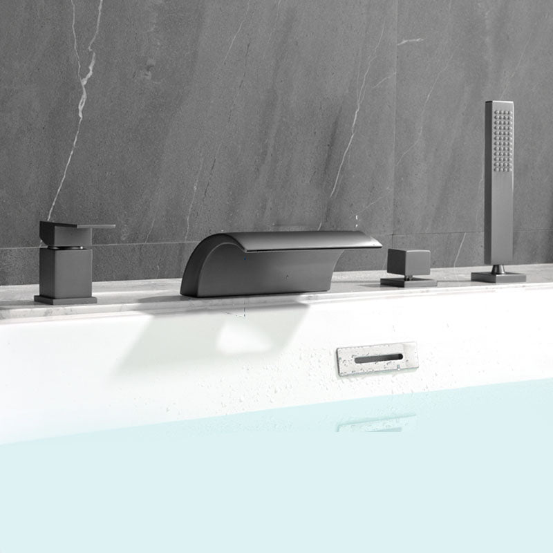 Brass Roman Bathtub Faucet Waterfall Spout Tub Faucet with Hand Shower Gun Grey Low Arc Clearhalo 'Bathroom Remodel & Bathroom Fixtures' 'Bathtub Faucets' 'bathtub_faucets' 'Home Improvement' 'home_improvement' 'home_improvement_bathtub_faucets' 7233778