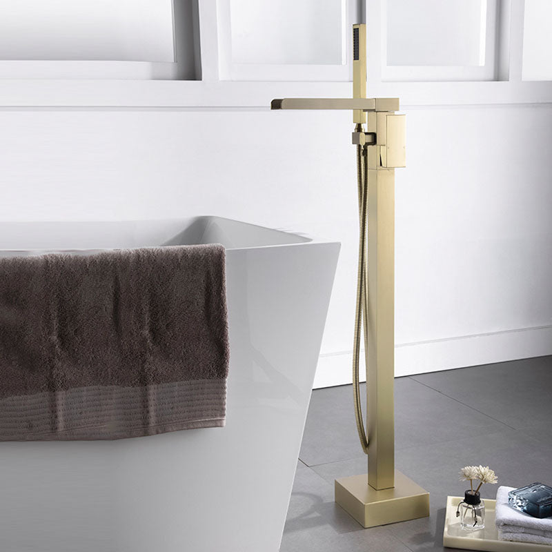 Modern Brass Freestanding Bathtub Faucet with Hose Bathtub Faucet Gold Square/ Rectangle Clearhalo 'Bathroom Remodel & Bathroom Fixtures' 'Bathtub Faucets' 'bathtub_faucets' 'Home Improvement' 'home_improvement' 'home_improvement_bathtub_faucets' 7233803