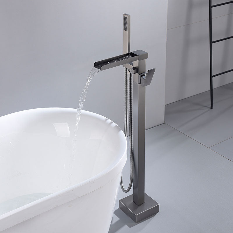 Modern Brass Freestanding Bathtub Faucet with Hose Bathtub Faucet Gun Grey Square/ Rectangle Clearhalo 'Bathroom Remodel & Bathroom Fixtures' 'Bathtub Faucets' 'bathtub_faucets' 'Home Improvement' 'home_improvement' 'home_improvement_bathtub_faucets' 7233807