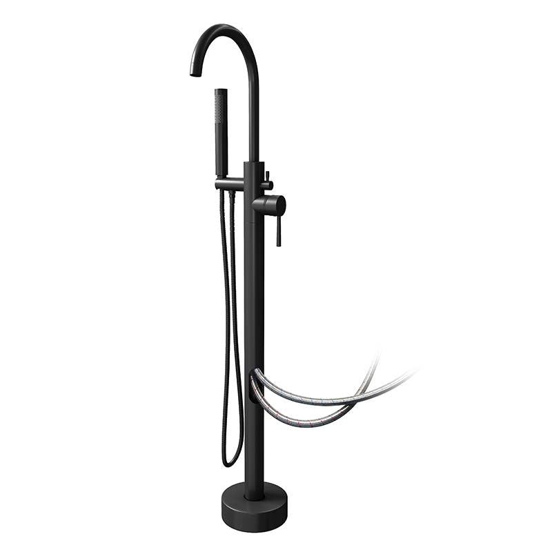 Modern Freestanding Tub Filler with 2 Handles Floor Mounted Bathroom Faucet Black Hand Shower Included Wall Clearhalo 'Bathroom Remodel & Bathroom Fixtures' 'Bathtub Faucets' 'bathtub_faucets' 'Home Improvement' 'home_improvement' 'home_improvement_bathtub_faucets' 7233971