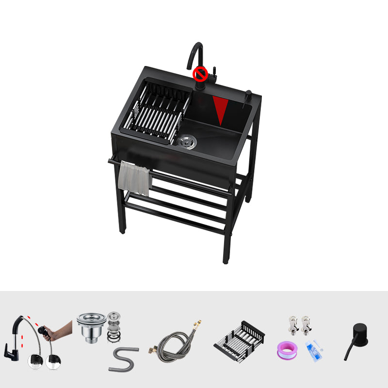 Modern Style Kitchen Sink All-in-one Black Kitchen Sink with Drain Assembly 24"L x 18"W x 34"H Sink with Faucet Pull Out Faucet Clearhalo 'Home Improvement' 'home_improvement' 'home_improvement_kitchen_sinks' 'Kitchen Remodel & Kitchen Fixtures' 'Kitchen Sinks & Faucet Components' 'Kitchen Sinks' 'kitchen_sinks' 7237093