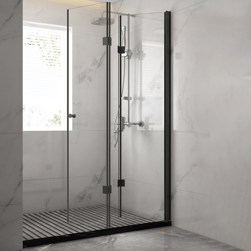 Black Folding Tempered Glass Shower Enclosure Transparent Shower Kit Clearhalo 'Bathroom Remodel & Bathroom Fixtures' 'Home Improvement' 'home_improvement' 'home_improvement_shower_stalls_enclosures' 'Shower Stalls & Enclosures' 'shower_stalls_enclosures' 'Showers & Bathtubs' 7237338