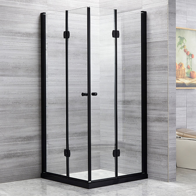 Square Black Frame Folding Shower Enclosure with Double Door Handles Clearhalo 'Bathroom Remodel & Bathroom Fixtures' 'Home Improvement' 'home_improvement' 'home_improvement_shower_stalls_enclosures' 'Shower Stalls & Enclosures' 'shower_stalls_enclosures' 'Showers & Bathtubs' 7237354